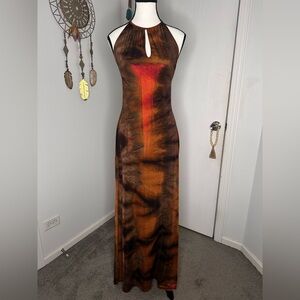 VENUS Brown and Orange iridescent Tie-Dye Maxi Dress with Shaw/scarf